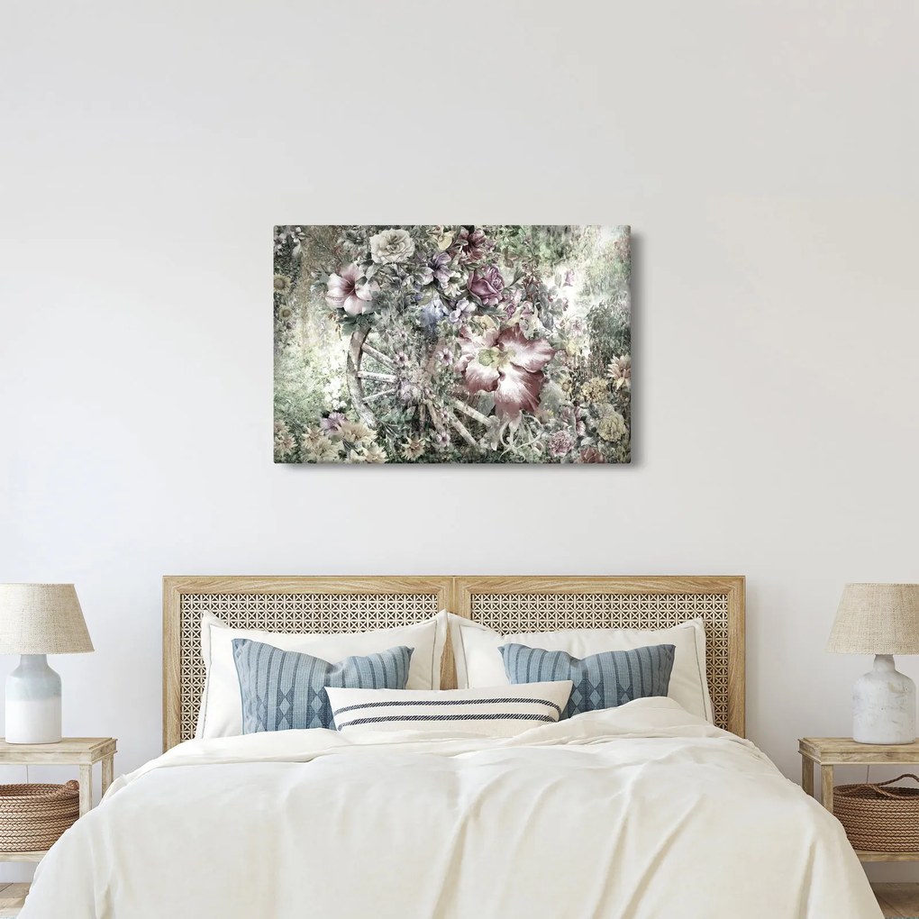 Virágok képe egy fából készült kerékpáron (90x60 cm)