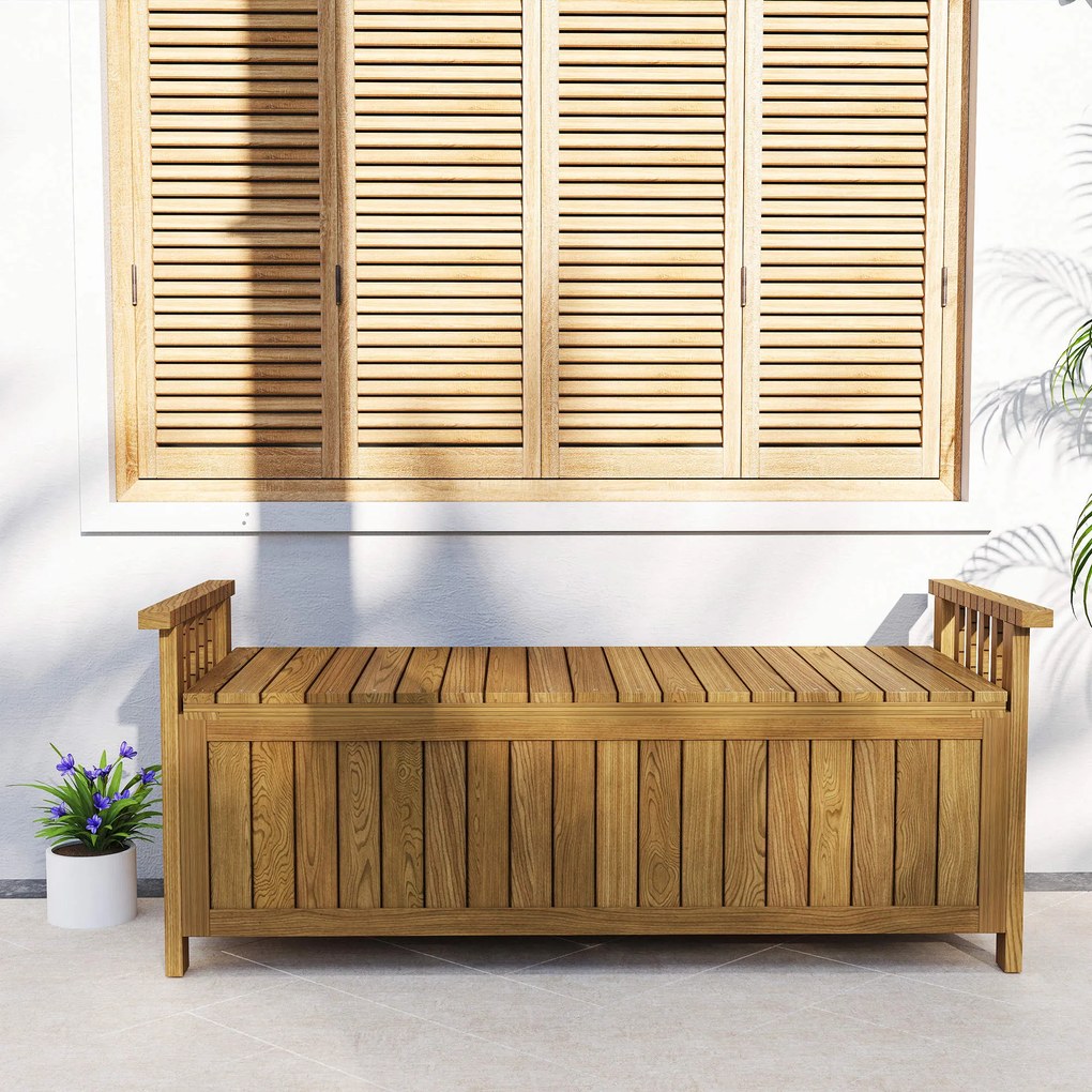 Outsunny 2- személyes Fa Kerti Pad 186L Tárolóhellyel, Kültéri Pad Karfákkal, 240 kg Teherbírás, Kert Erkélyre, 128.5 x 56 x 53.5 cm Barna | Aosom
