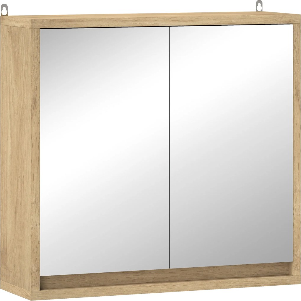 HOMCOM Fürdőszobai Szekrény Tükörrel, 2 Ajtós, Állítható Polccal - Modern Stílusú Fürdőszobához, 48x14,5x45 cm, Természetes Fa | Aosom