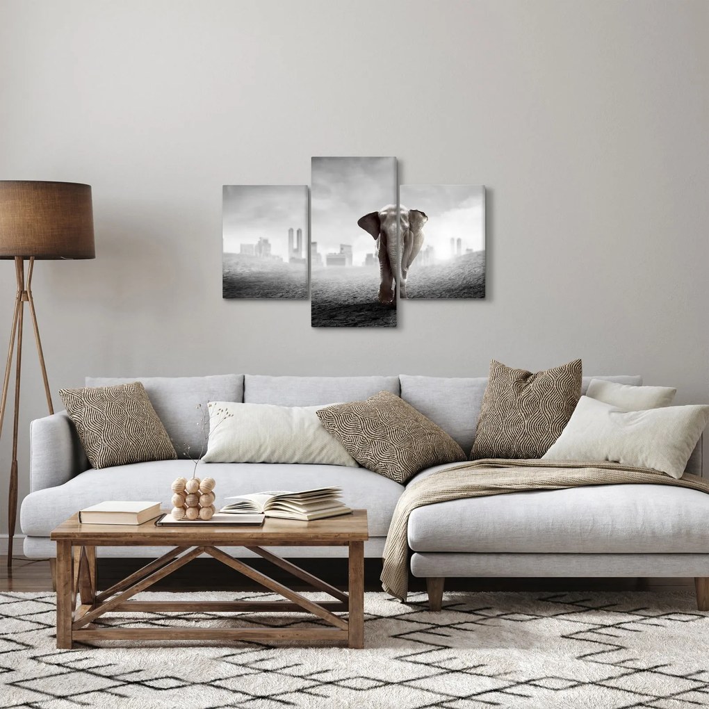 Kép -Elefánt egy nagyvárosban, fekete-fehér változat (90x60 cm)