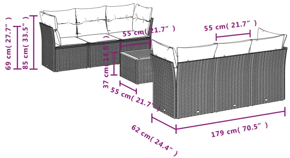 7 részes fekete polyrattan kerti ülőgarnitúra párnával