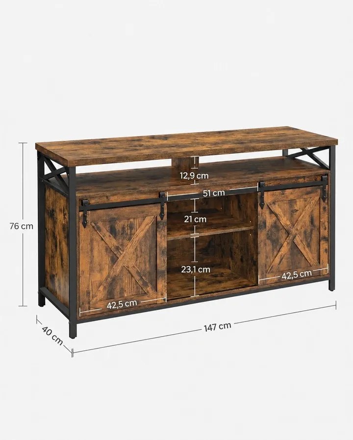 TV-szekrény tolóajtókkal, 147 x 40 x 76 cm, 65 colos TV-hez, rusztikus barna-fekete
