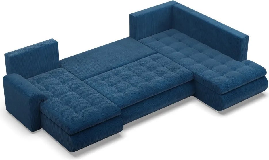 Tokio U sarokkanapé, 3 ágyneműtartóval, kordbársony, jobboldali, kék