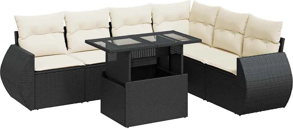 vidaXL 7 részes fekete polyrattan kerti ülőgarnitúra párnával