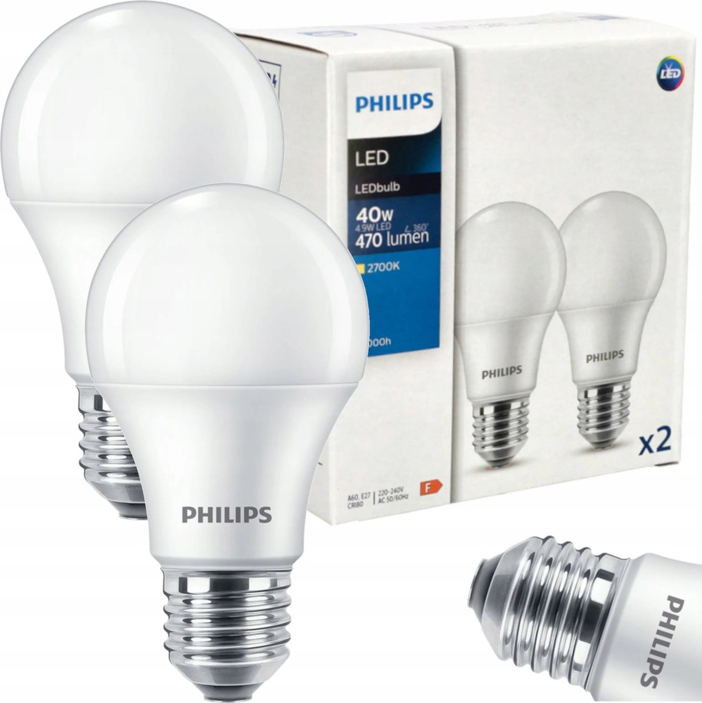 2x Led izzó E27 Philips 4.9W 40W 470lm Meleg szín 2700K LEDbulb