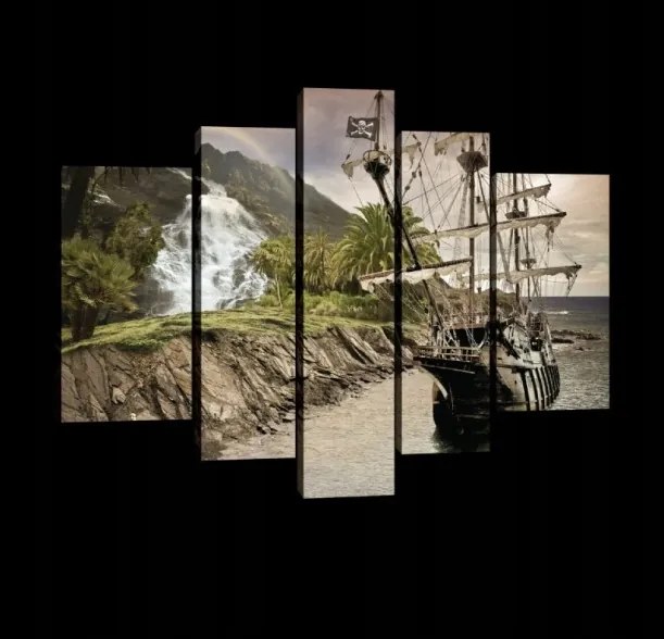 Vászonkép 170x100 Kalózhajó vízesés sziget kaland tenger trópusok fantázia