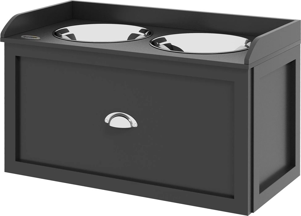 PawHut Emelt Kutya Tálak Rozsdamentes Acélból, Fa Etető Állvány Fiókos Tárolással Nagy Kutyk számára, 60x30x36 cm, Fekete | Aosom