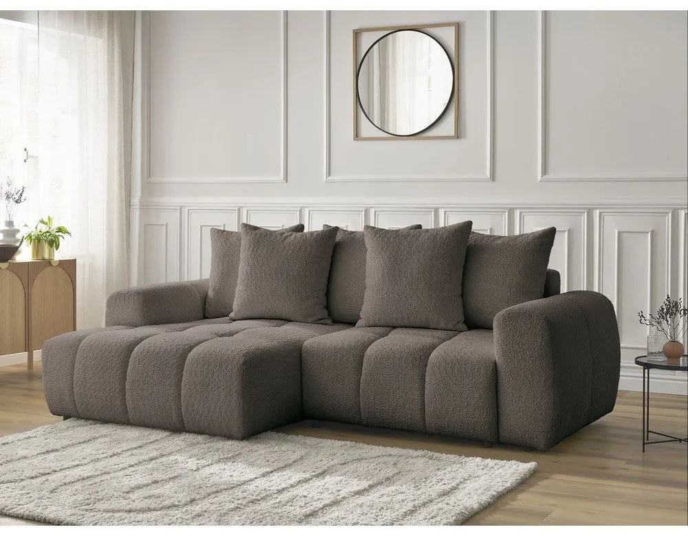 Barna buklé kinyitható-tárolóhelyes sarokkanapé (bal oldali-heverő résszel) Roxelane – Bobochic Paris