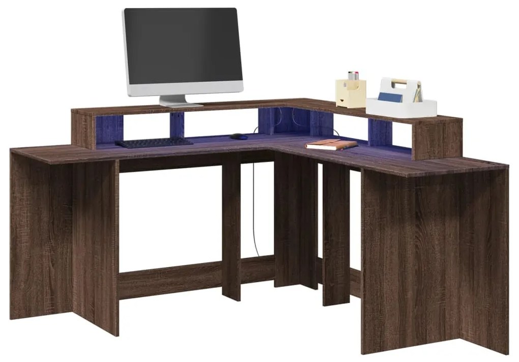 barna tölgy színű szerelt fa íróasztal LED-ekkel 152x152x91 cm