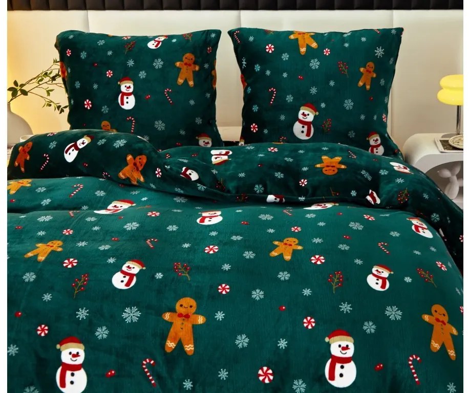 HÓEMBER ÉS GINGERBREAK zöld mikroplüss ágynemű + SOFT fehér mikroplüss lepedő 90x200 cm