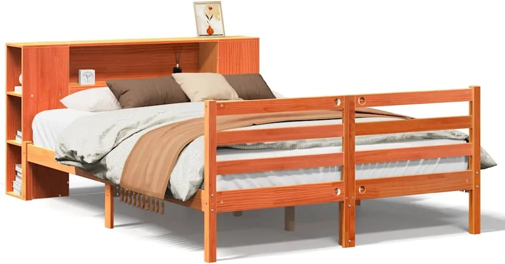 vidaXL barna tömör fenyőfa könyvespolcos ágy matrac nélkül 150 x 200cm