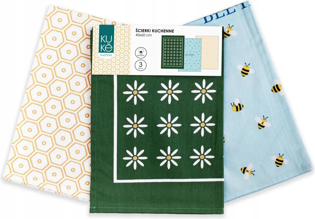 Konyhai törlőkendő szett 3 db-os 40x60 Kuke méhecskék zöld kék