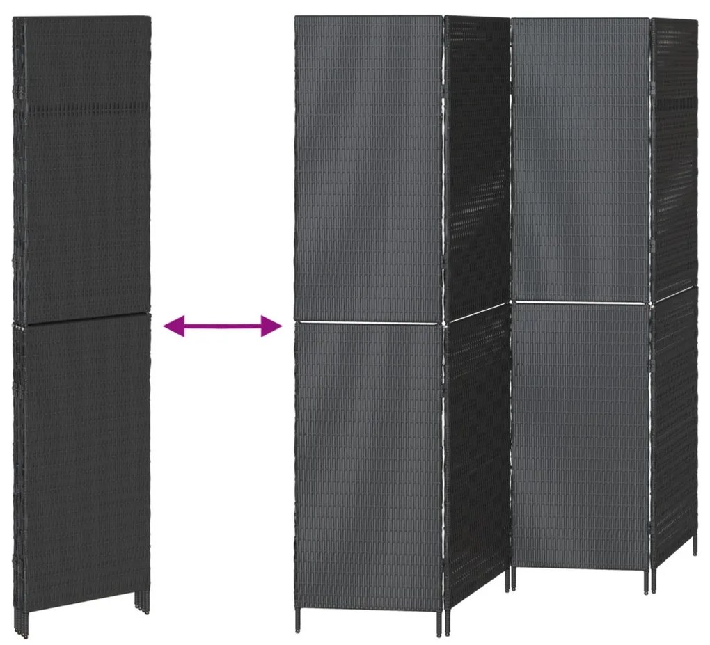 szobai elválasztó 4 paneles hajtható fekete 195x180 cm poli rattan