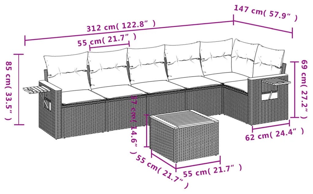 7 részes fekete polyrattan kerti ülőgarnitúra párnával