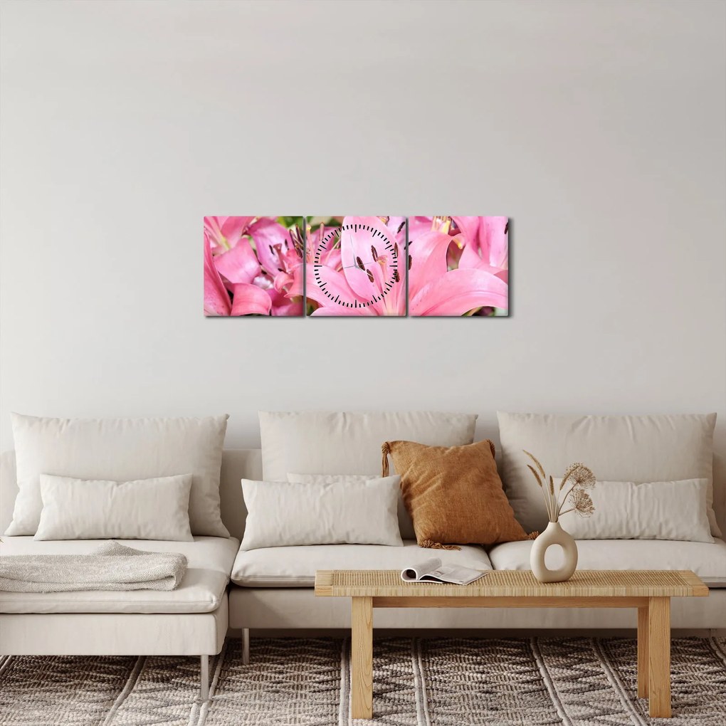 Kép - Rózsaszín liliomok (órával) (90x30 cm)