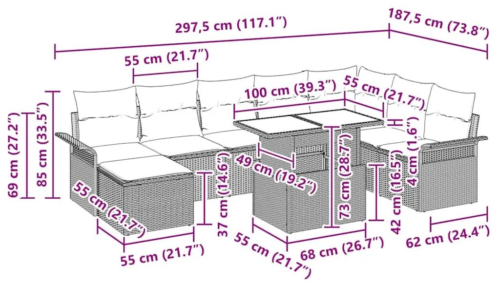 Kerti Kanapé Szett 9 pcs Szürke Poli rattan és porfestett acél