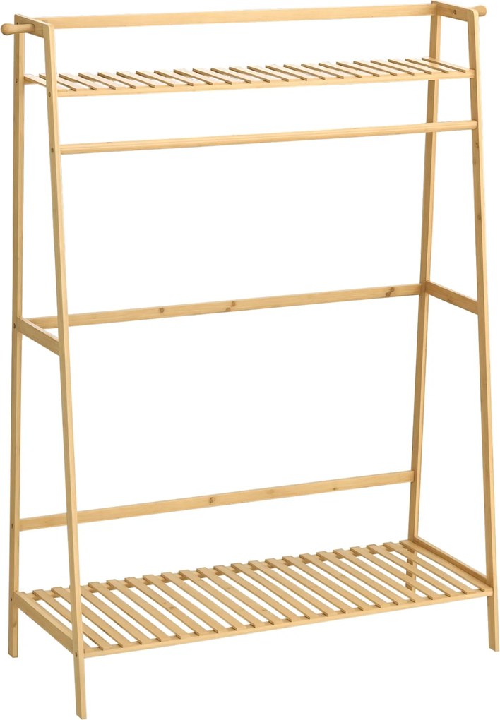 HOMCOM Kábeldobogó ruhafogassal, 2 ruhafogó kampóval, ruhatartóval, 2 polccal, ideális hálószobába és előszobába, bambuszból készült, természetes | Ao