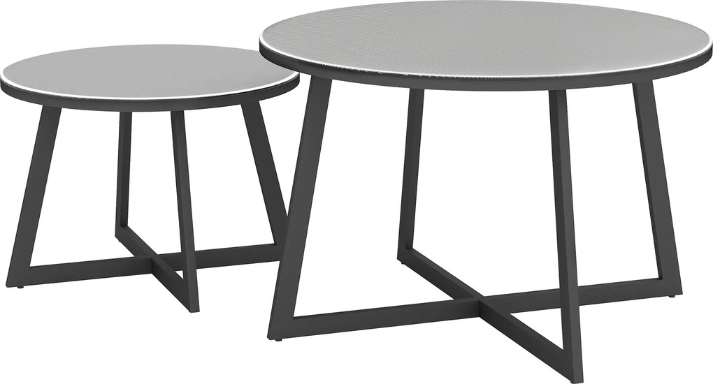 Outsunny 2 részes halmozható kerti asztal szett, kerek időjárásálló erkélyasztal X-lábakkal, üveg tetejű acél kempingasztal, kávézóasztal a nappaliba,