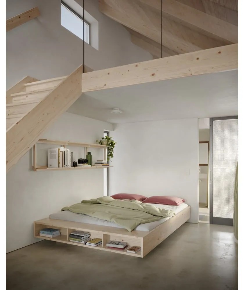 Natúr színű borovi fenyő franciaágy ágyráccsal 140x200 cm Merge – Karup Design