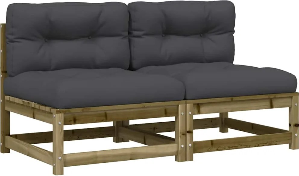 vidaXL 2 db impregnált fenyőfa karfa nélküli kerti kanapé párnákkal
