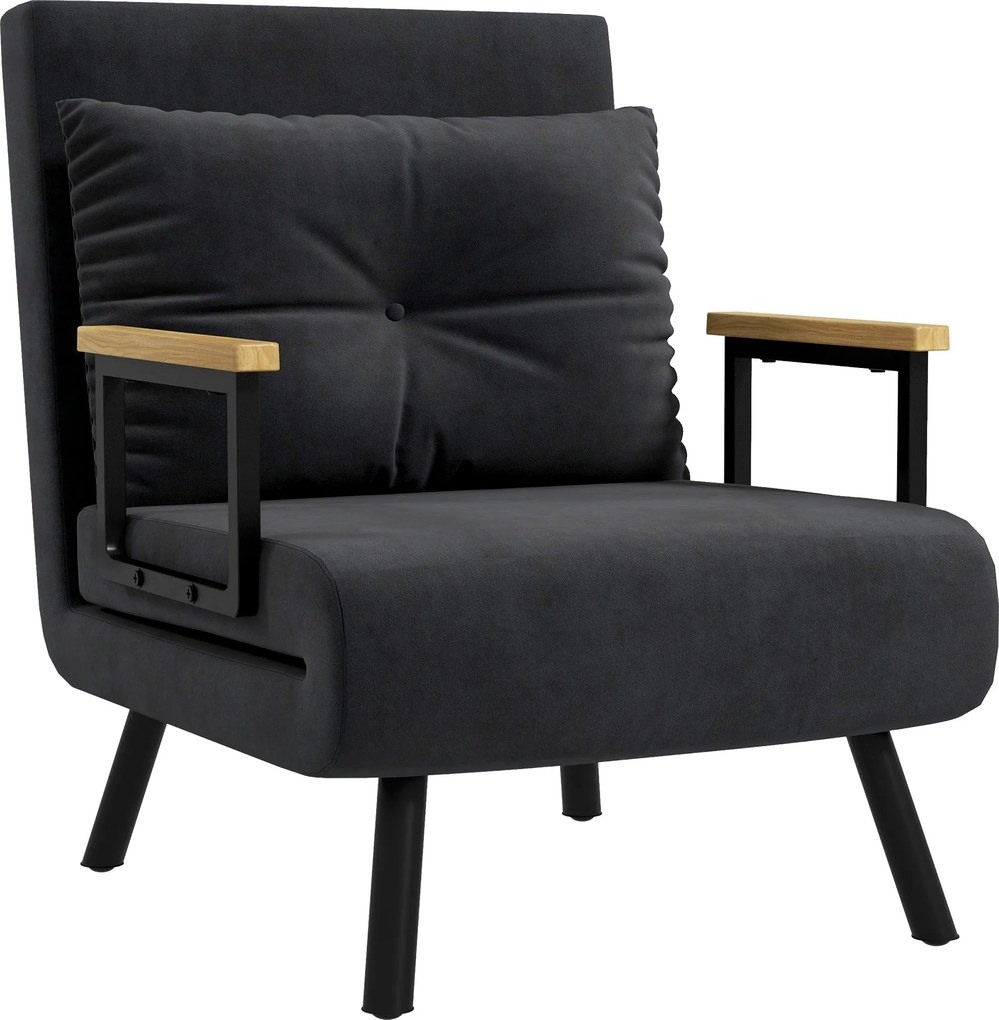 HOMCOM 1-Akos Sofabed Hajtható, Bársonyos Kárpitozással, 5-Szintű Állítható Támlával és Párnával Irodához, Hálószobához, Nappalihoz 63x73x81 cm Fekete