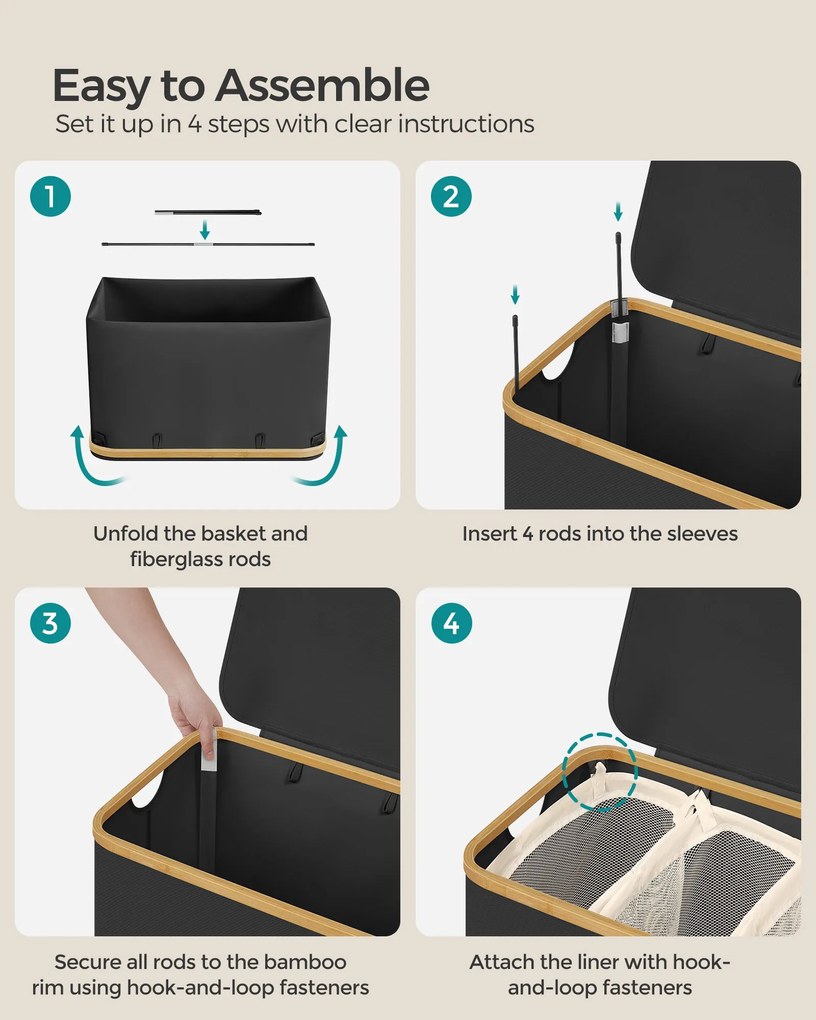 Fedeles, 3 rekeszes mosókosár, 150L, levehető bélés, összecsukható, fekete