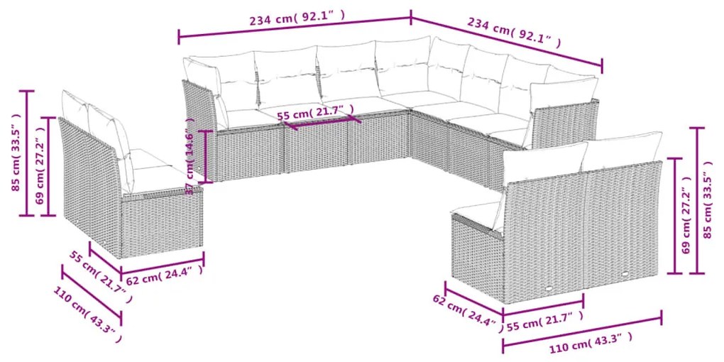 11 részes szürke polyrattan kerti ülőgarnitúra párnákkal