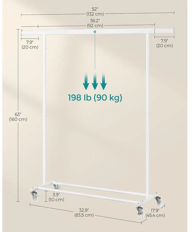 SONGMICS ruhaállvány kerekeken, max teherbírás 90kg, fehér