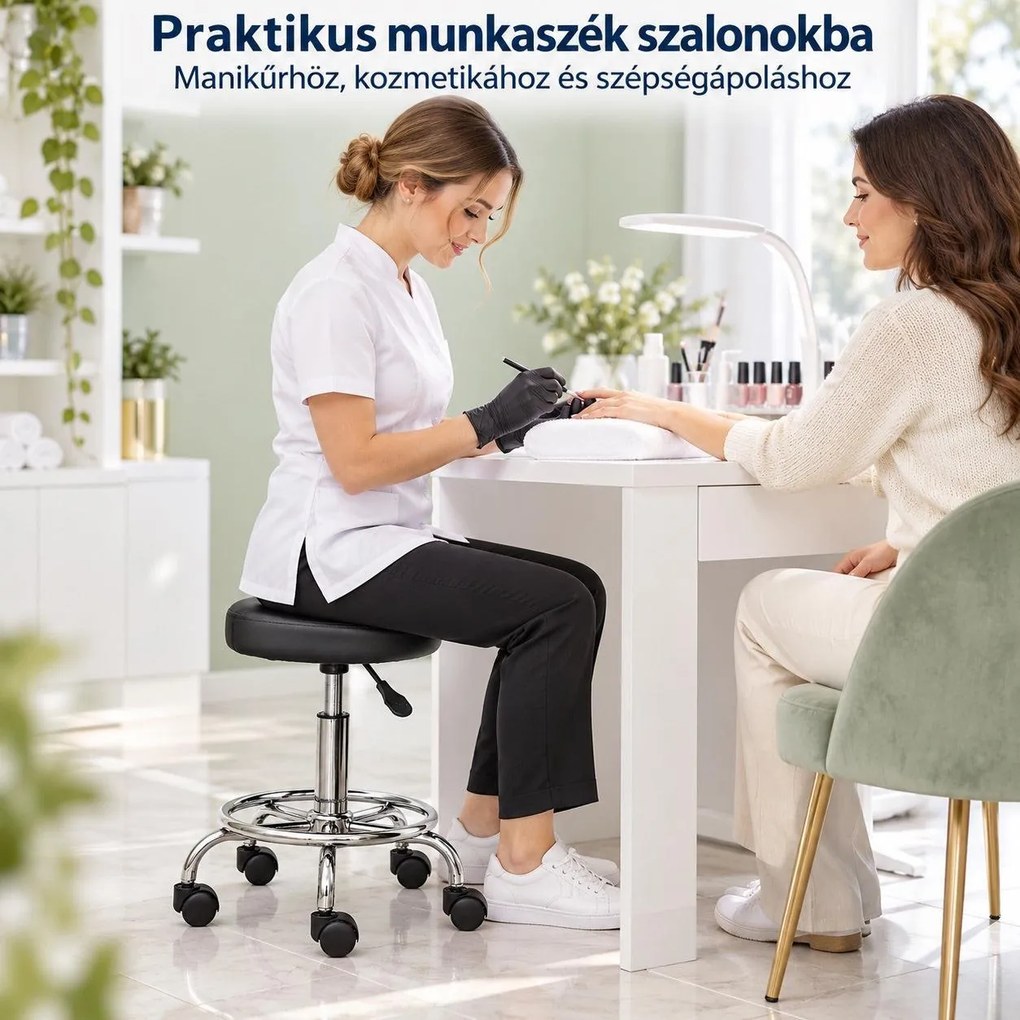 VASHOME gurulós kozmetikai szék, állítható magasság 46–61 cm, 5 görgővel, fekete