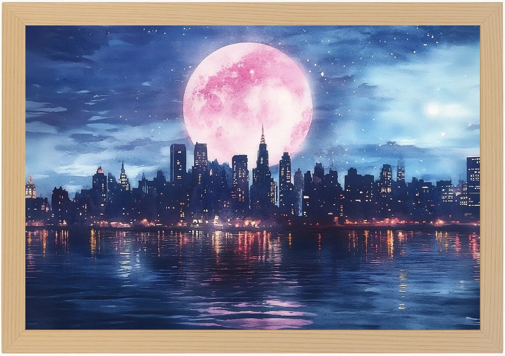 Poszter Keret Fa Város Panoráma Felhőkarcolók Folyó Éjszaka Hold 60x40