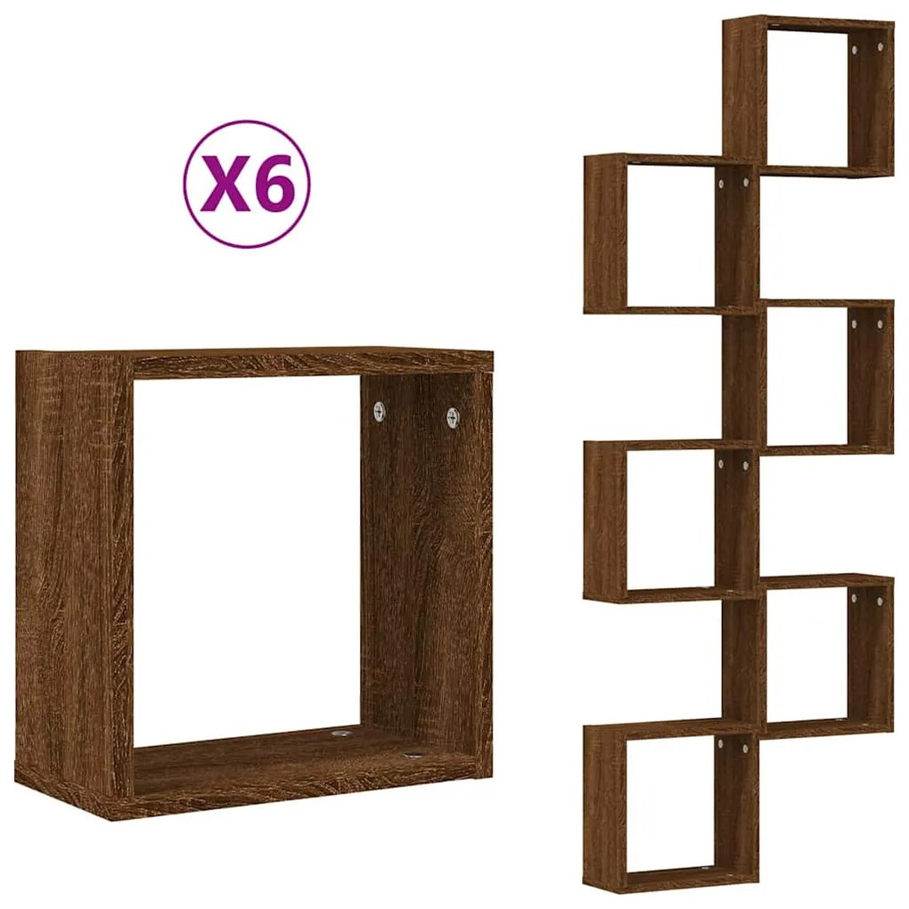 6 db barna tölgy színű fali kockapolc 30 x 15 x 30 cm