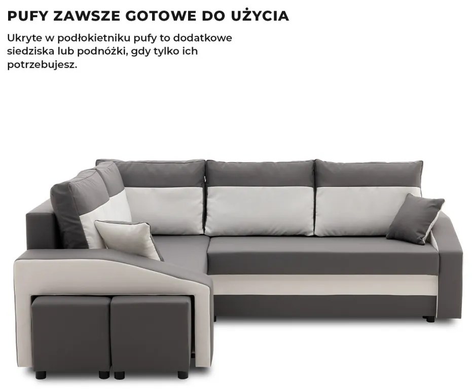 Grande sarokkanapé polcokkal és puffokkal , polc a jobb karfaban puffok a bal karfaban, baloldali, szövet anyag, bonell töltet, szürke - fehér