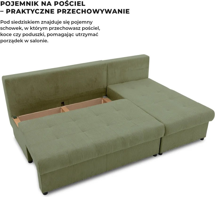 Venezia sarokkanapé, kordbársony, univerzális oldal, bonell töltet, zöld