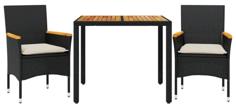 vidaXL3részes fekete polyrattan/akácfa kerti étkezőgarnitúra párnákkal