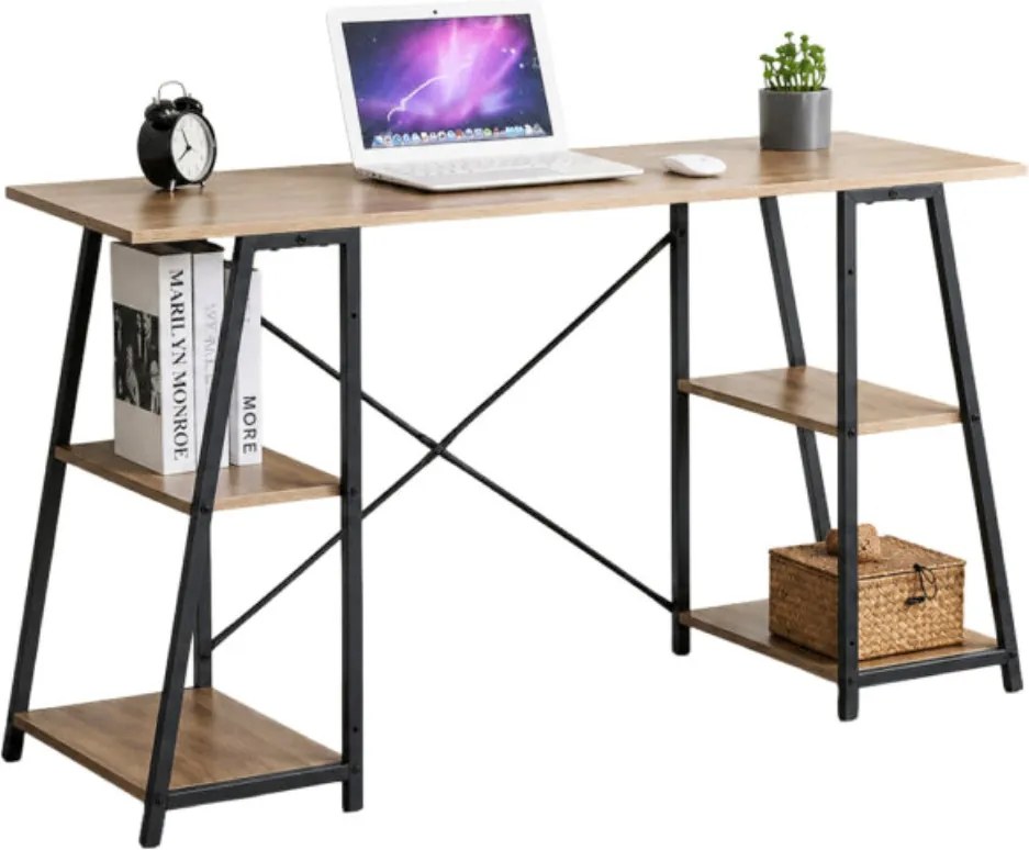 Polcos íróasztal / számítógépasztal 120×50 cm, masszív fém vázzal, fekete–aranytölgy – Intenso Home
