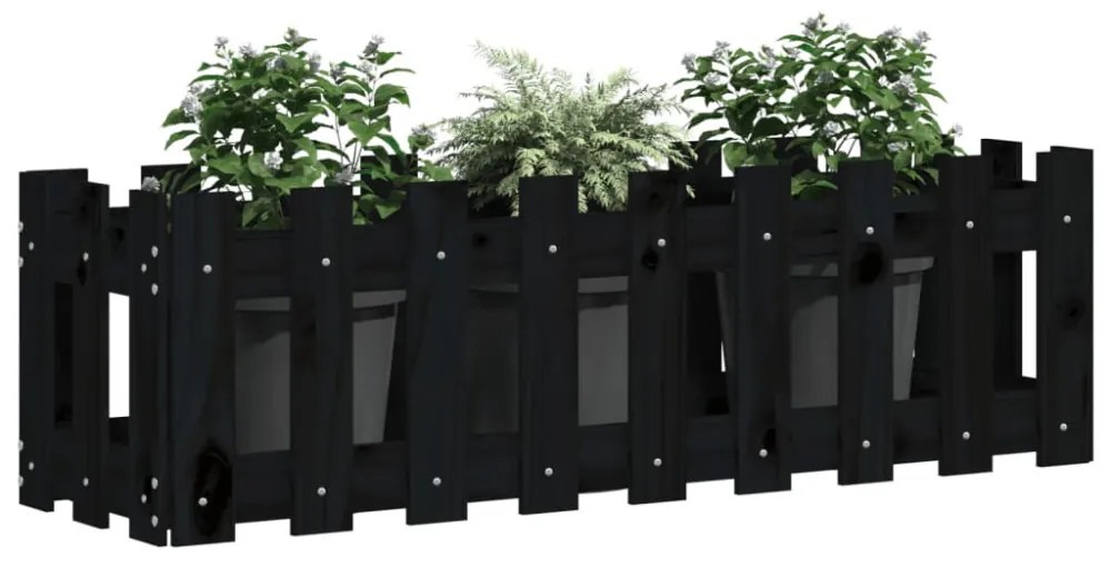 fekete tömör fenyőfa kerti magaságyás kerítéssel 100x30x30 cm