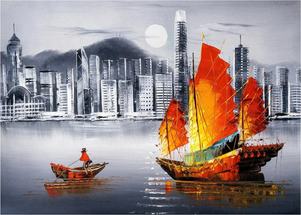 Festmény - Victoria Harbour, Hong Kong, fekete-fehér olajfestmény (üvegen) (70x50 cm)