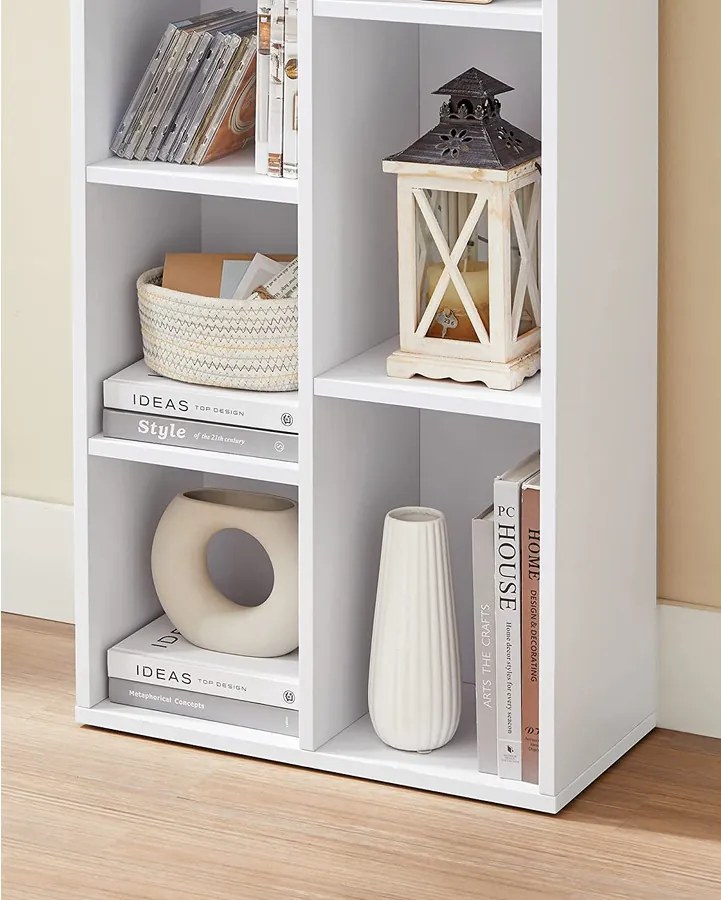 Könyvespolc, tároló 7 nyitott rekesszel, fehér