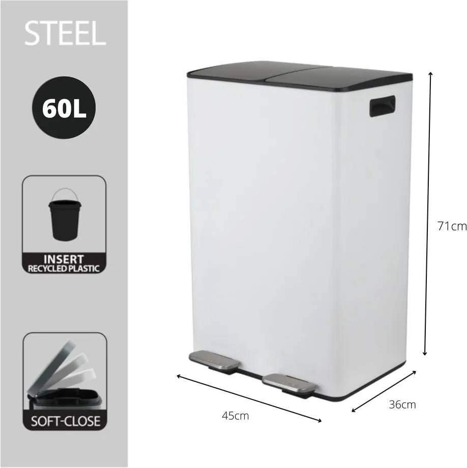 Matt fehér acél szelektív pedálos szemetes 2x30 l Aliya – Spirella