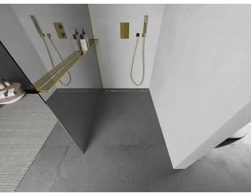 Mexen Kioto +, zuhany paraván polccal és törölközőtartóval 110 x 200 cm, 8 mm-es üvegmintás tükör, arany profil, 800-110-121-50-50