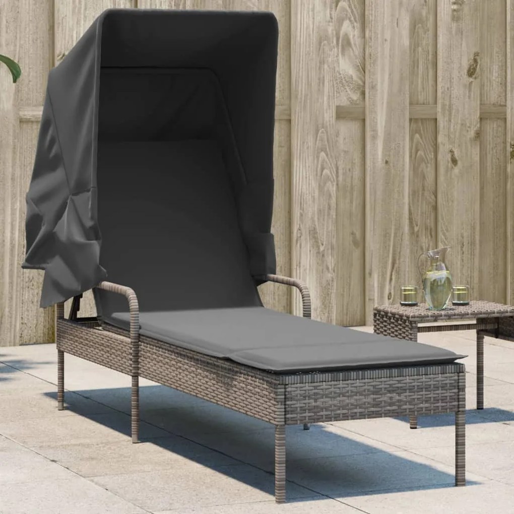 Szürke polyrattan napozóágy tetővel