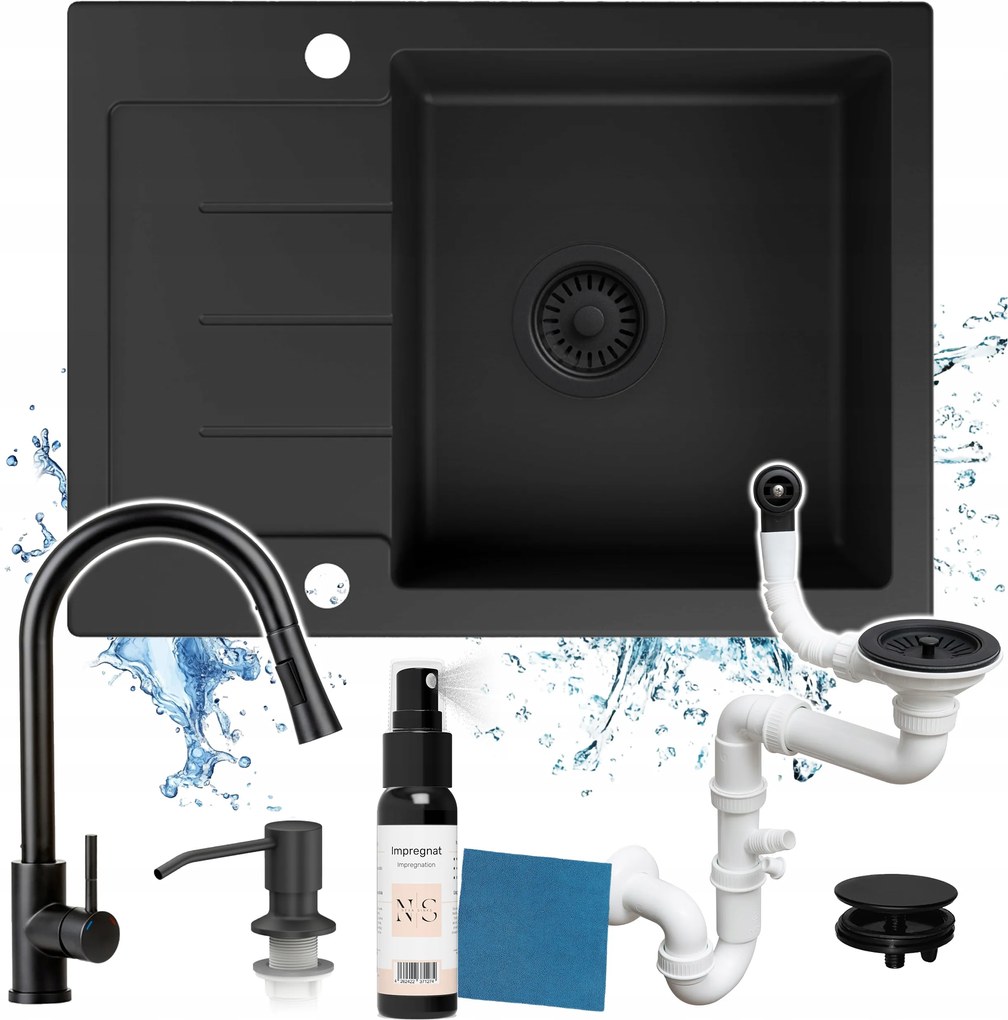 7 az 1-ben Szett: Gránit Mosogatótálca Egymedencés Csaptelep Szifon 60.2x44.2