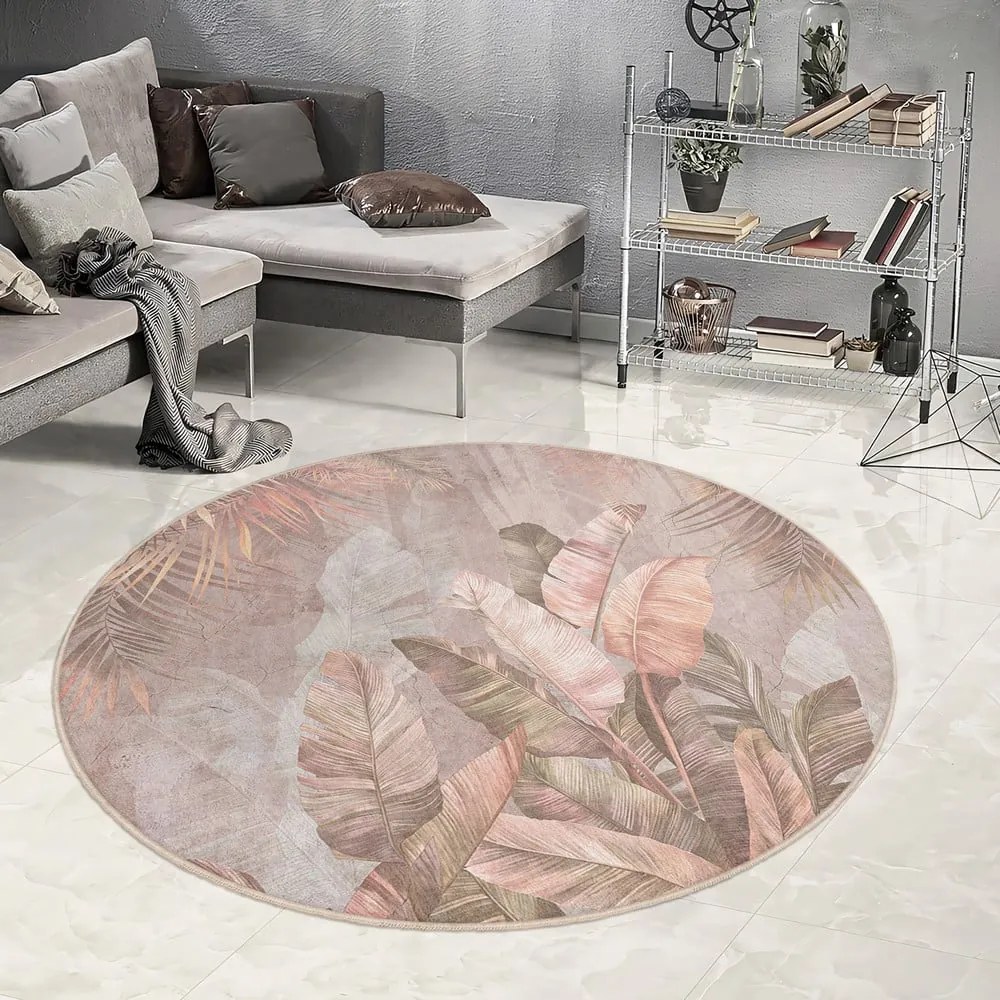 Világos rózsaszín mosható kerek szőnyeg ø 80 cm Dusty Leaves – Mila Home