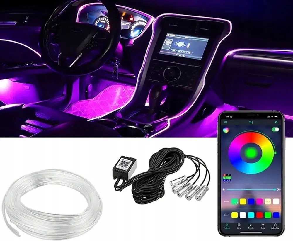 Optikai kábel autóhoz Ambient Led Rgb világítás 8m Apka+távirányító