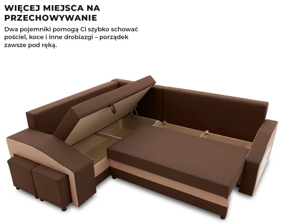 Grande sarokkanapé polcokkal és puffokkal , polc a jobb karfaban puffok a bal karfaban, baloldali, szövet anyag, hab töltet, barna