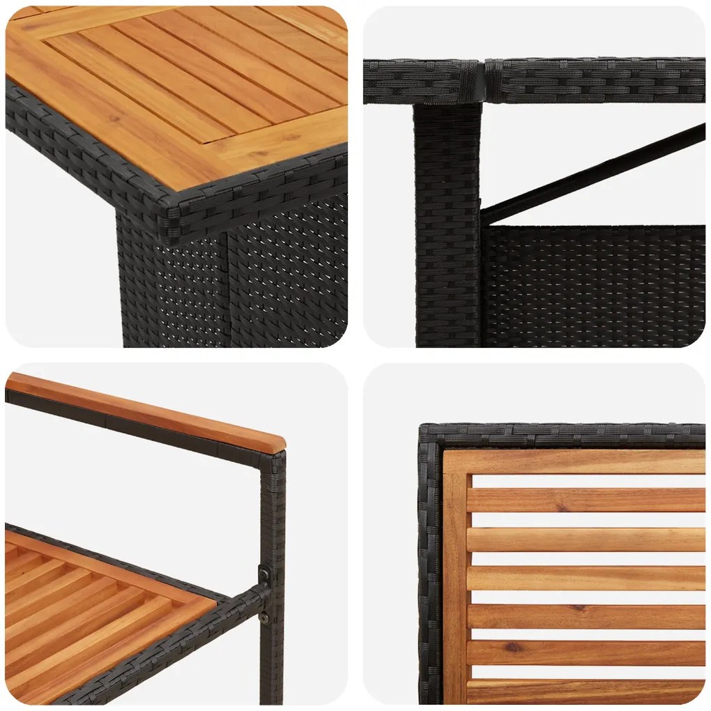 9 darabos kerti étkezőszett fekete poly rattan akáciából