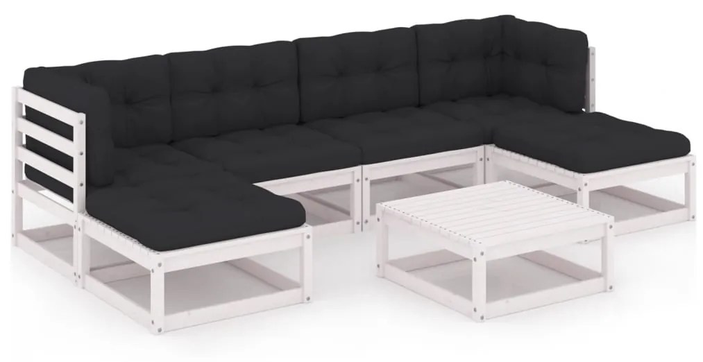 vidaXL 7 részes fehér tömör fenyőfa kerti ülőgarnitúra párnákkal