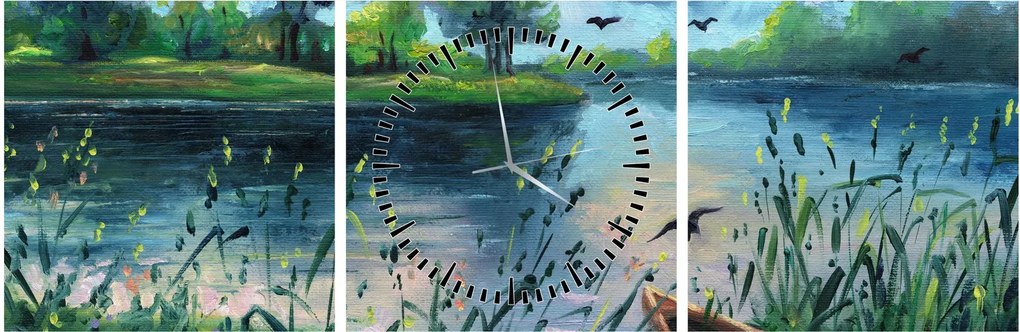 Kép - olajfestmény, Nyári este a tónál (órával) (90x30 cm)
