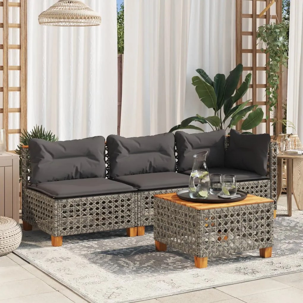 Szürke polyrattan karfa nélküli kerti kanapé párnával