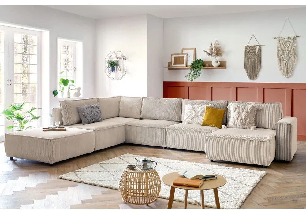 Krémszínű kordbársony sarokkanapé (bal oldali-"U" alakú) Nihad modular – Bobochic Paris